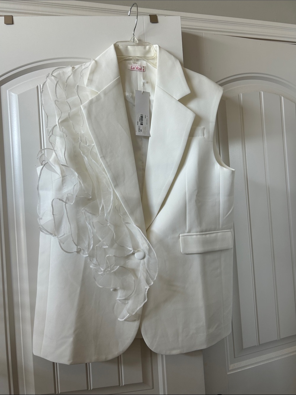 Sleeveless White Ruffle-Trim Blazer Vest